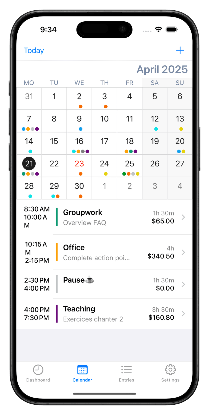 Work Time Hours Tracker Calendar View